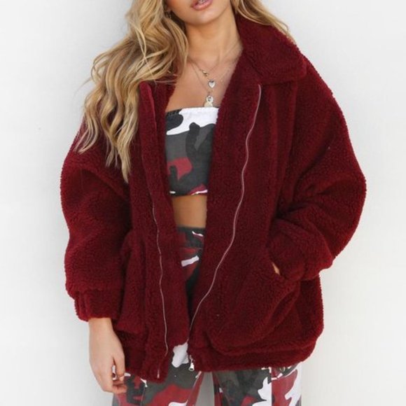 I.AM.GIA Jackets & Blazers - I.AM.GIA | Pixie Pile Fleece Coat Burgundy Red